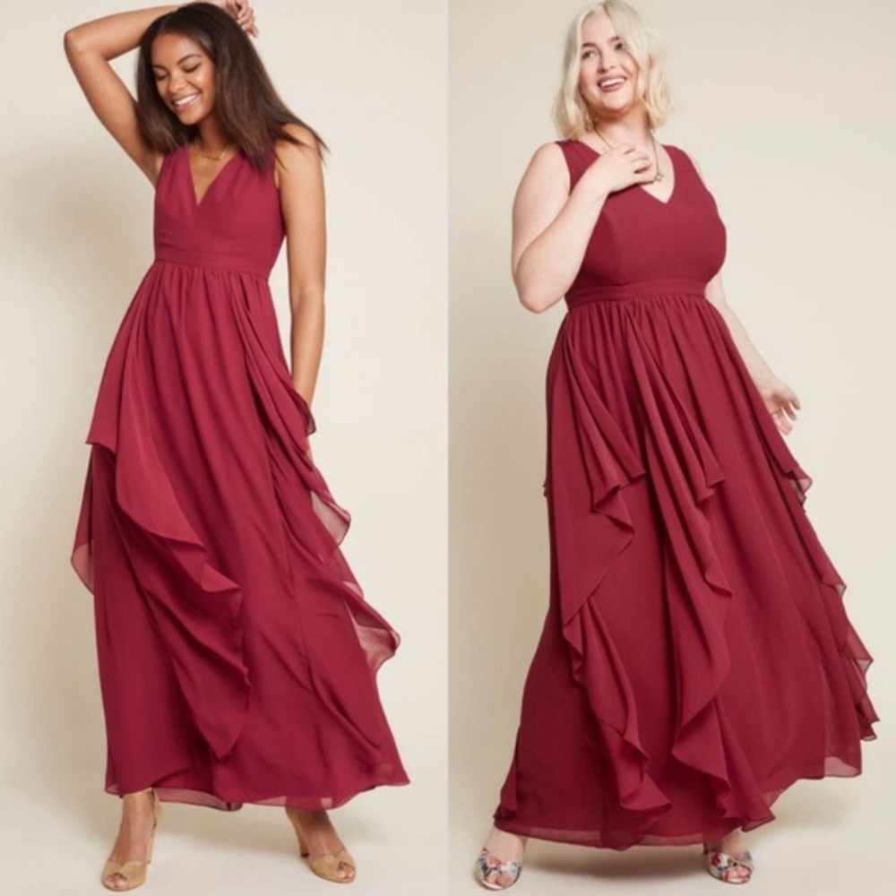 Modcloth Chiffon Ruffle Maxi Dress in Maroon NEW